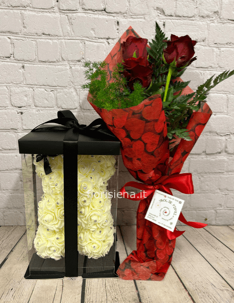 Orso teddy con 3 rose
