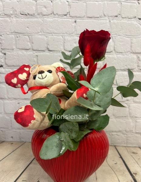 Cuore ceramica con orsetto e rose